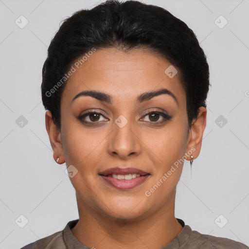 Joyful latino young-adult female with short  black hair and brown eyes
