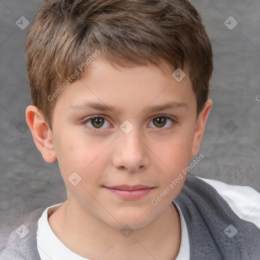 Joyful white child male with short  brown hair and brown eyes