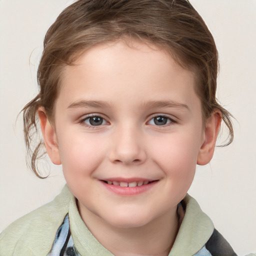 Joyful white child female with medium  brown hair and grey eyes