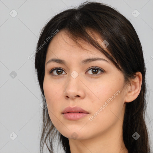 Neutral white young-adult female with long  brown hair and brown eyes