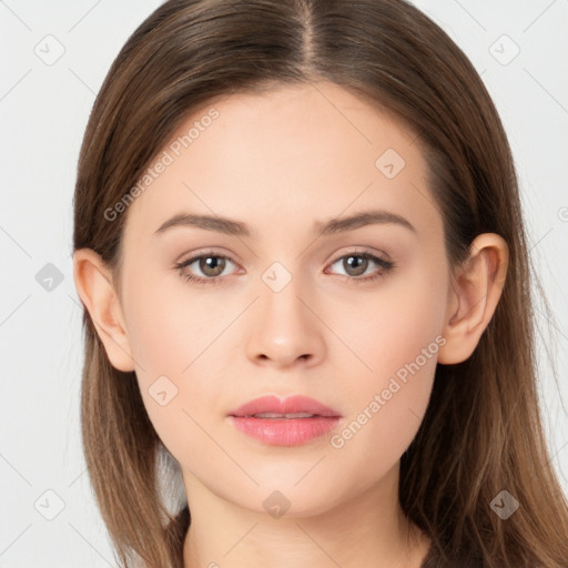 Neutral white young-adult female with long  brown hair and brown eyes