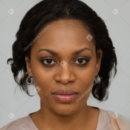 Joyful black young-adult female with medium  black hair and brown eyes