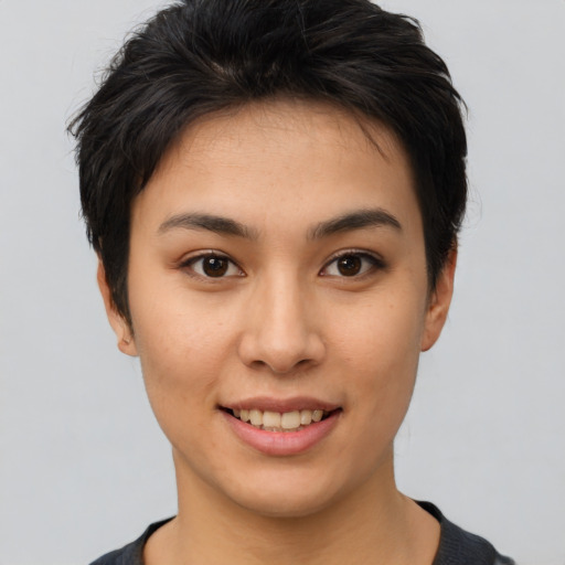 Joyful asian young-adult female with short  brown hair and brown eyes