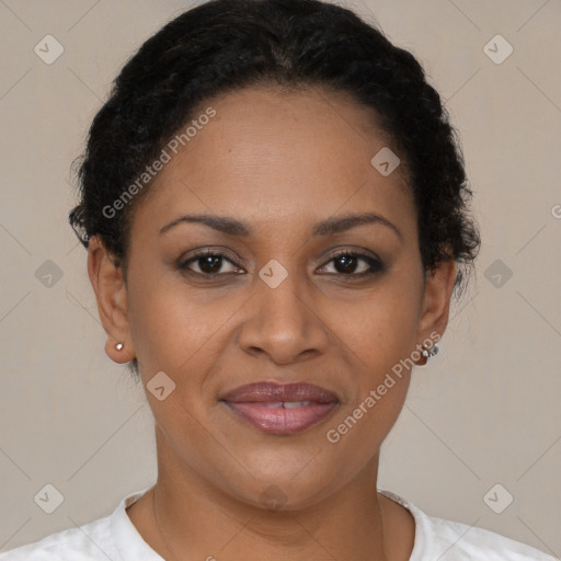 Joyful latino young-adult female with short  brown hair and brown eyes