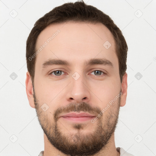 Neutral white young-adult male with short  brown hair and grey eyes