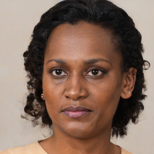 Neutral black young-adult female with medium  black hair and brown eyes