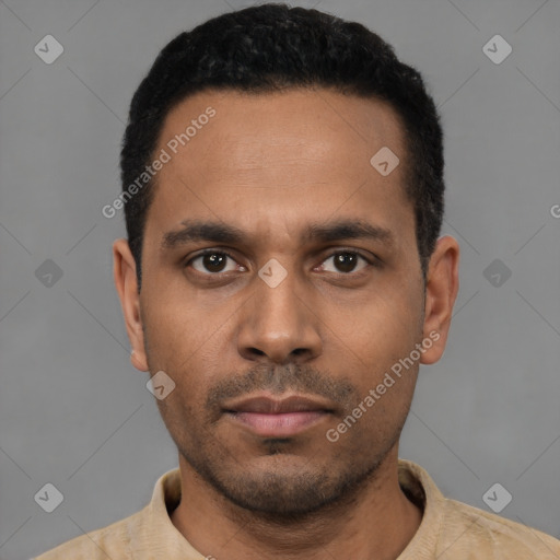 Neutral latino young-adult male with short  black hair and brown eyes