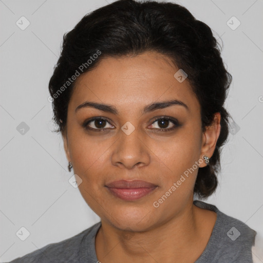 Joyful latino young-adult female with short  black hair and brown eyes