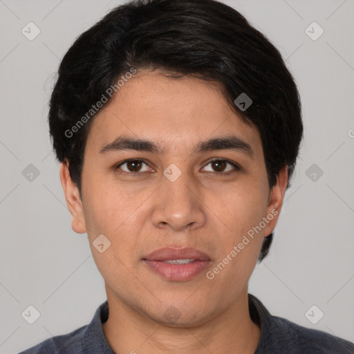 Joyful white young-adult male with short  black hair and brown eyes