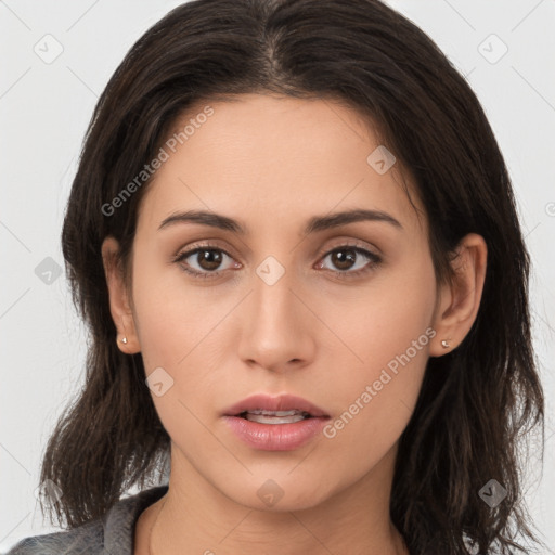 Neutral white young-adult female with medium  brown hair and brown eyes