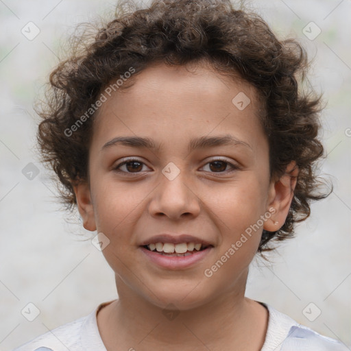 Joyful white child female with short  brown hair and brown eyes