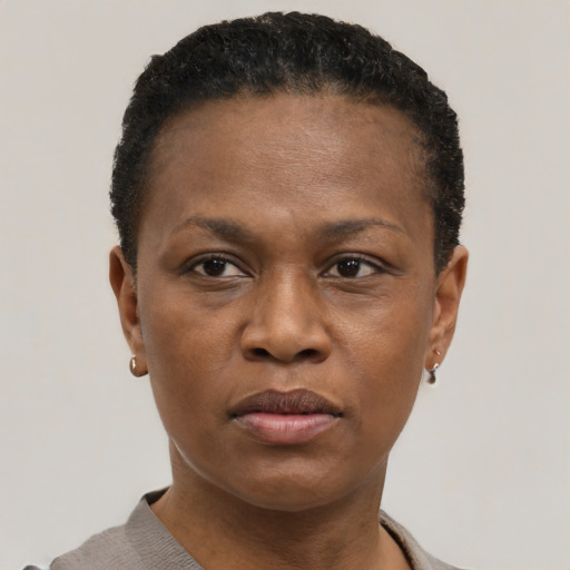 Neutral black young-adult female with short  black hair and brown eyes