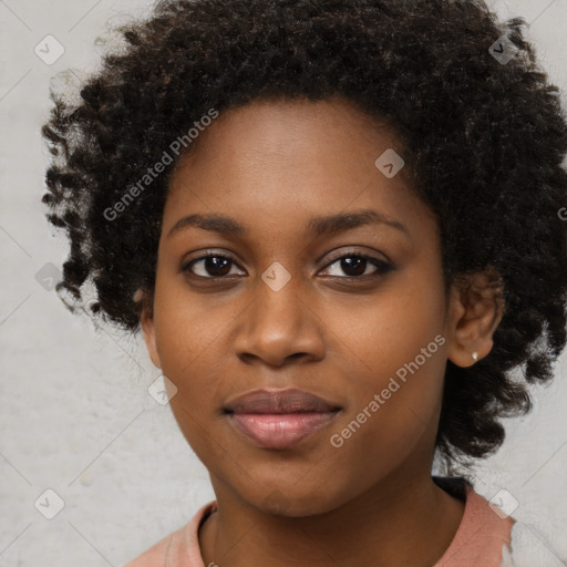 Joyful black young-adult female with medium  black hair and brown eyes