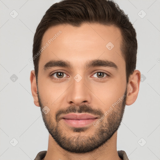 Joyful white young-adult male with short  brown hair and brown eyes