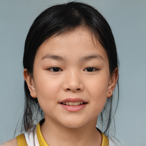 Joyful asian child female with medium  brown hair and brown eyes