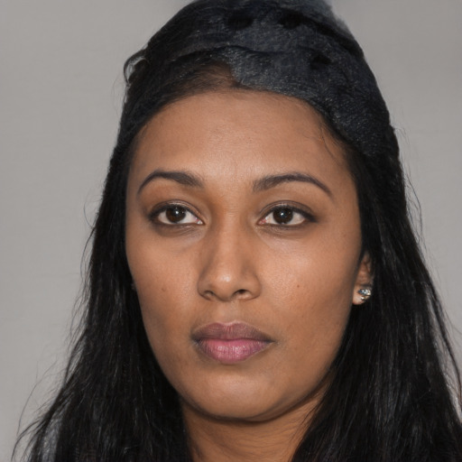 Neutral asian young-adult female with long  black hair and brown eyes