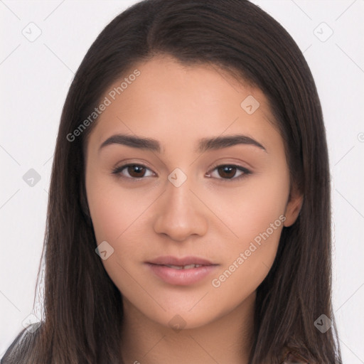 Neutral white young-adult female with long  brown hair and brown eyes