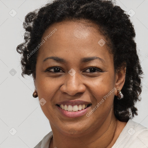 Joyful black adult female with short  brown hair and brown eyes