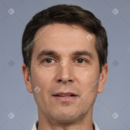 Neutral white adult male with short  brown hair and brown eyes