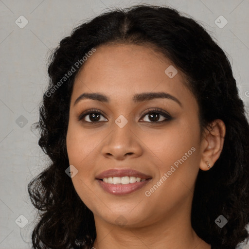 Joyful latino young-adult female with long  black hair and brown eyes