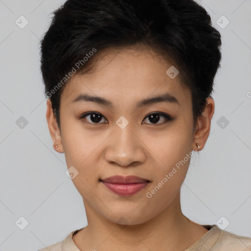 Joyful asian young-adult female with short  black hair and brown eyes