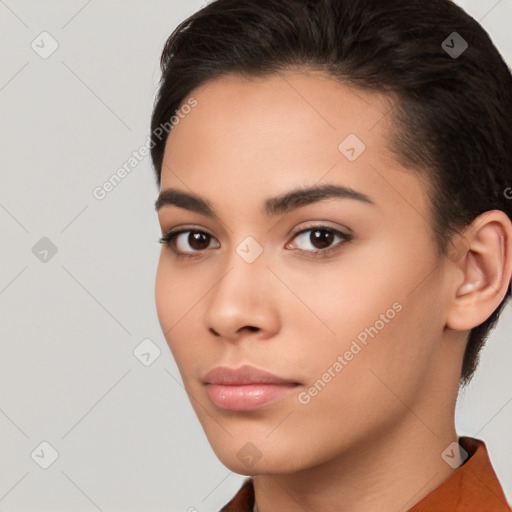 Neutral white young-adult female with short  brown hair and brown eyes