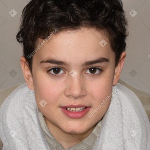 Joyful white child female with short  brown hair and brown eyes