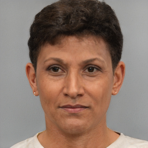 Neutral white adult female with short  brown hair and brown eyes