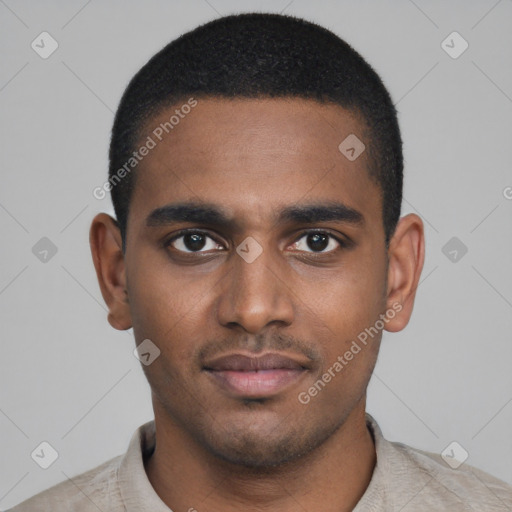 Neutral black young-adult male with short  black hair and brown eyes