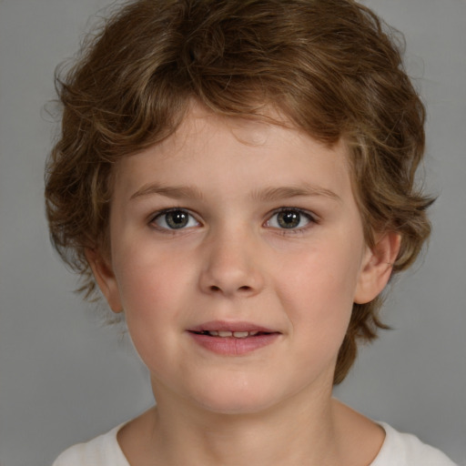 Joyful white child female with medium  brown hair and brown eyes