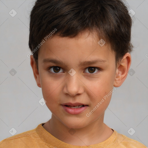 Joyful white child male with short  brown hair and brown eyes