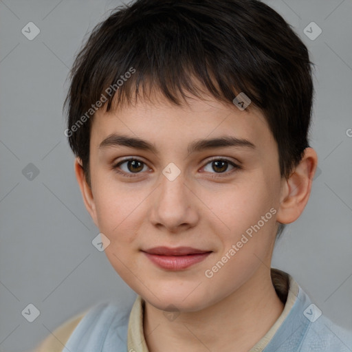 Joyful white child female with short  brown hair and brown eyes