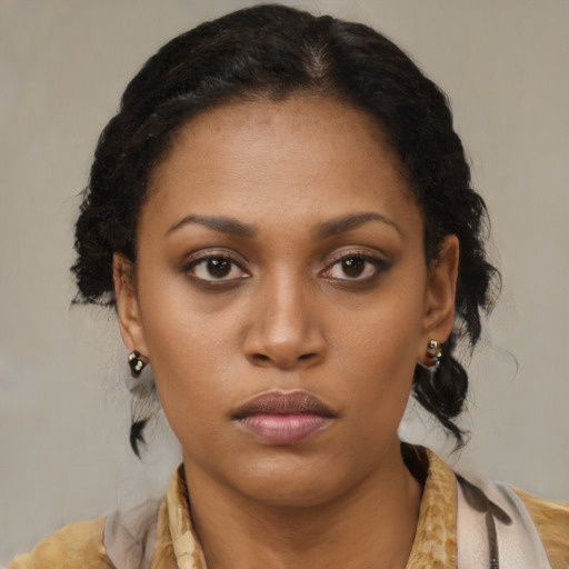 Neutral latino young-adult female with medium  brown hair and brown eyes