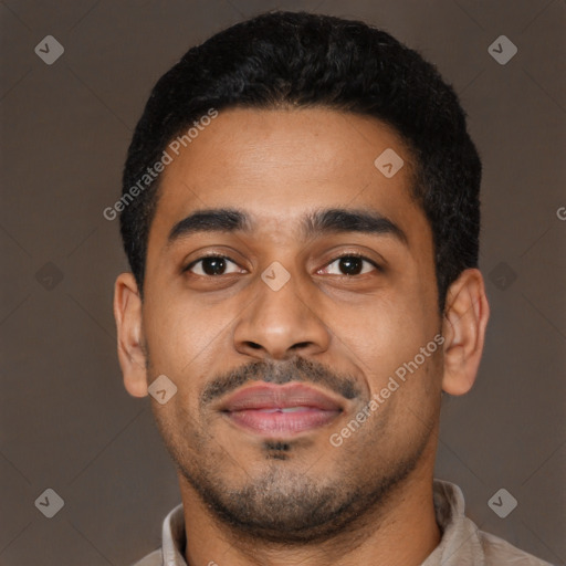 Neutral latino young-adult male with short  black hair and brown eyes