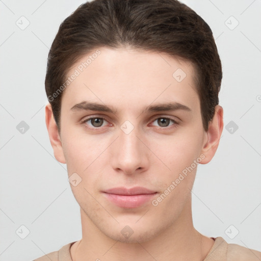 Neutral white young-adult male with short  brown hair and brown eyes