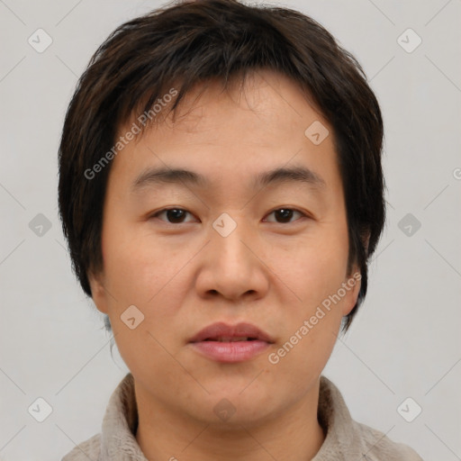 Neutral asian young-adult male with short  brown hair and brown eyes