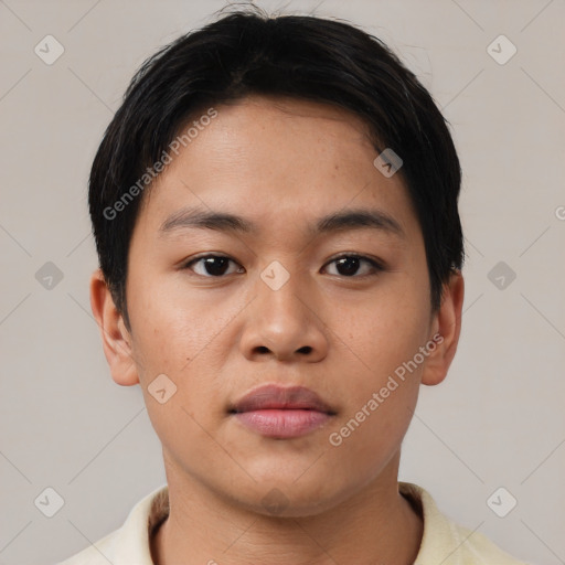 Neutral asian young-adult male with short  brown hair and brown eyes