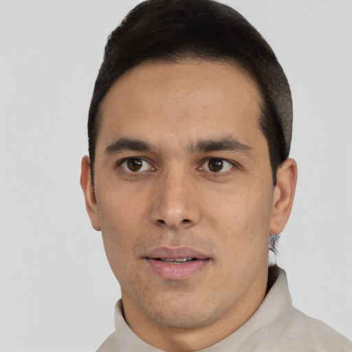 Neutral white young-adult male with short  black hair and brown eyes