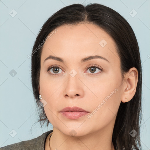 Neutral white young-adult female with medium  brown hair and brown eyes