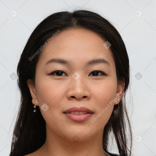 Joyful asian young-adult female with long  brown hair and brown eyes