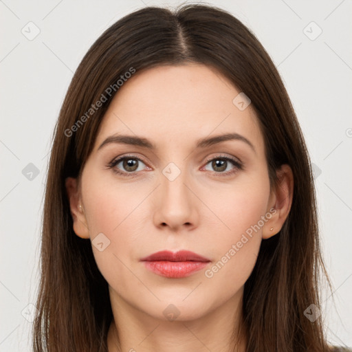 Neutral white young-adult female with long  brown hair and brown eyes