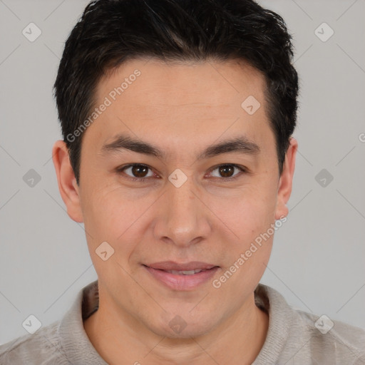 Joyful latino young-adult male with short  brown hair and brown eyes