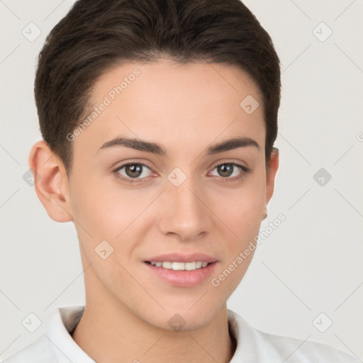 Joyful white young-adult female with short  brown hair and brown eyes