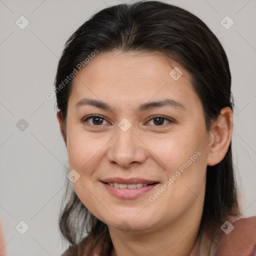 Joyful white young-adult female with medium  brown hair and brown eyes