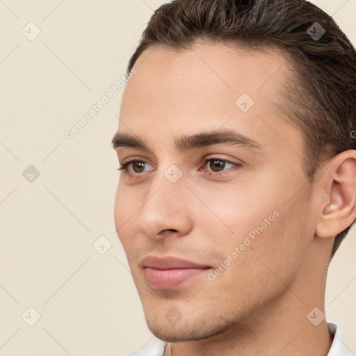 Neutral white young-adult male with short  brown hair and brown eyes