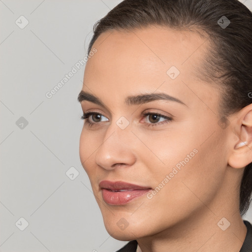 Neutral white young-adult female with medium  brown hair and brown eyes