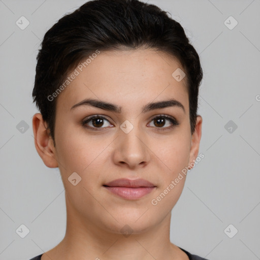 Joyful white young-adult female with short  brown hair and brown eyes