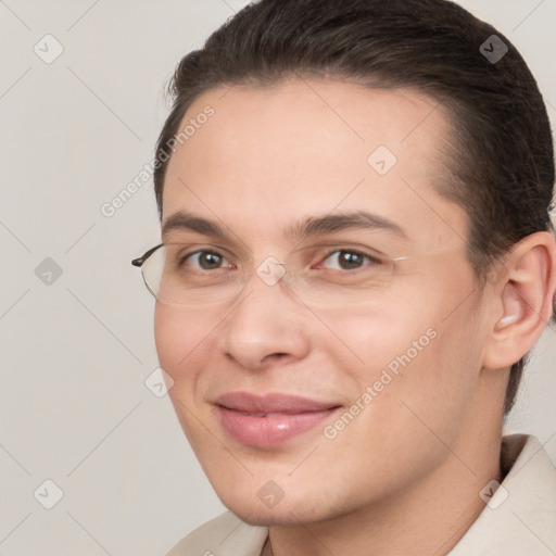 Joyful white young-adult female with short  brown hair and brown eyes