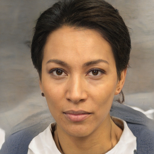 Neutral white adult female with short  brown hair and brown eyes