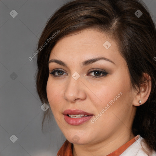 Joyful white young-adult female with medium  brown hair and brown eyes